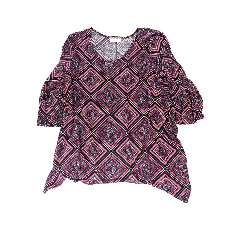 Bobbie Brooks Pink Geometric Diamond Print Bell Sleeve Sharkbite Hem Top XL